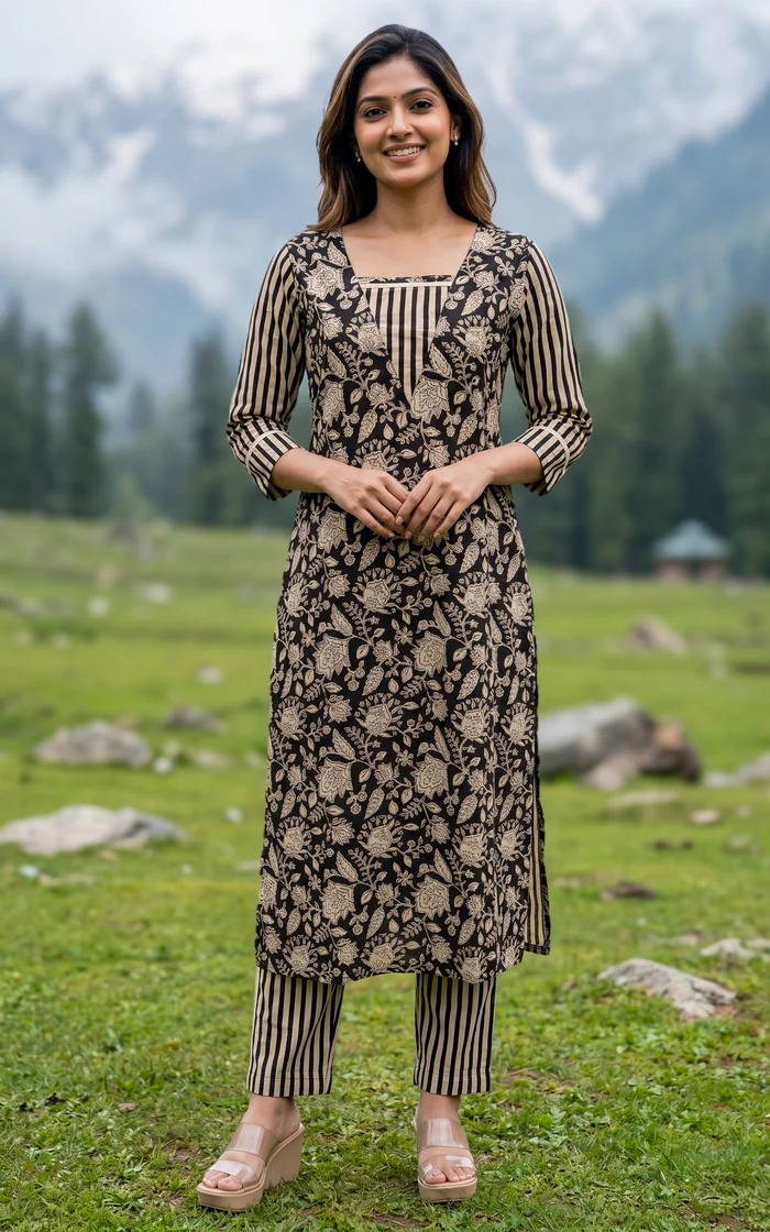 Traditional Printed Straight Kurti Set – Beige & Black